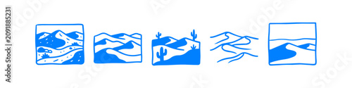Canvastavla Set of minimalist blue hand-drawn desert landscape icons featuring sand dunes and cacti on a white background