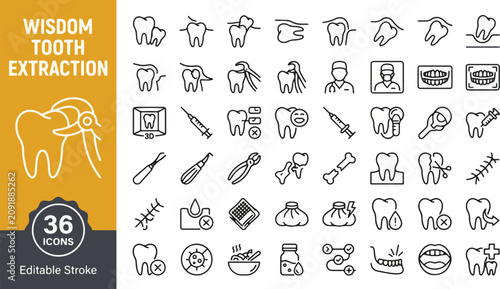 Tableau sur toile Wisdom tooth extraction line icon set