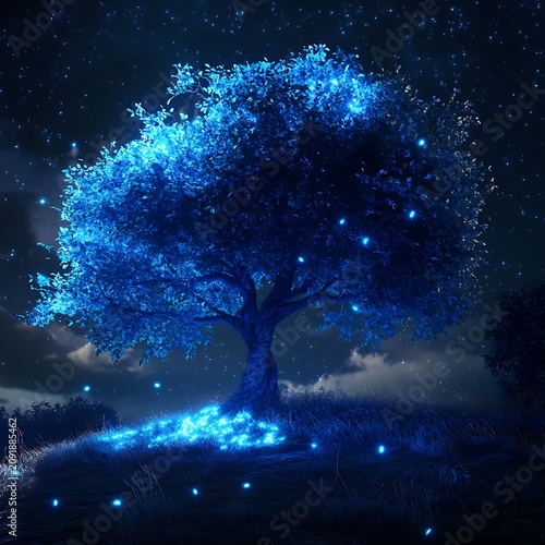 Enchanted Blue Tree Under a Starry Night Sky.