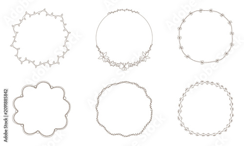 An aesthetic circular floral frame featuring brown line art on a white background in a doodle style. It is suitable for card designs, wedding card, scrapbook, digital prints, labels printing and more