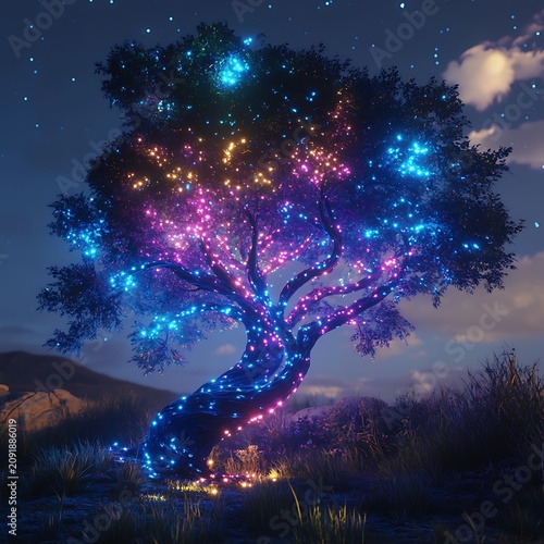 Enchanted Tree Glowing with Colorful Lights at Night.
