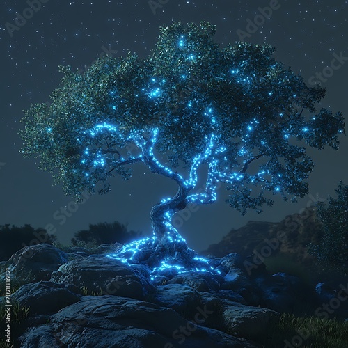 Enchanted Tree Glowing with Blue Bioluminescent Lights Under a Starry Night Sky.