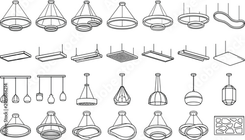 Tableau sur toile Modern lighting CAD blocks collection with pendant lamps ceiling fixtures linear