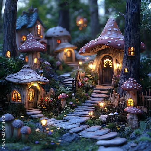 Enchanting Fairy Village of Glowing Mushroom Houses in a Magical Forest.