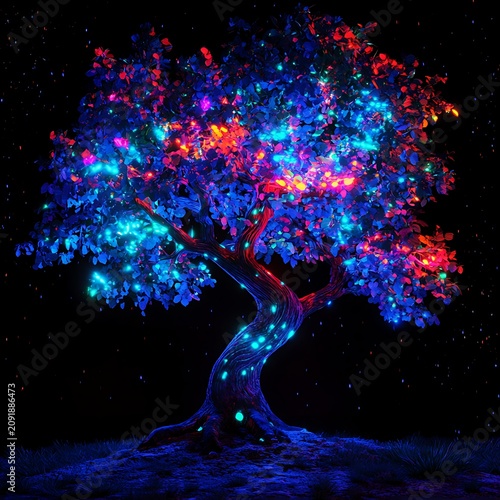 Enchanting Illuminated Tree - A Symphony of Colors in the Night.