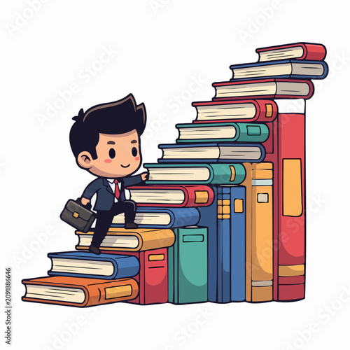 Businessman climbing book staircase full body shot gaining knowledge chibi illustration with soft lighting on white background.