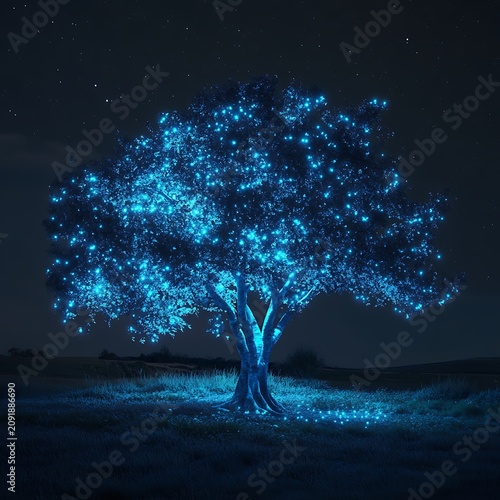 Enchanting Nighttime Scene - Illuminated Tree with Glowing Blue Lights.