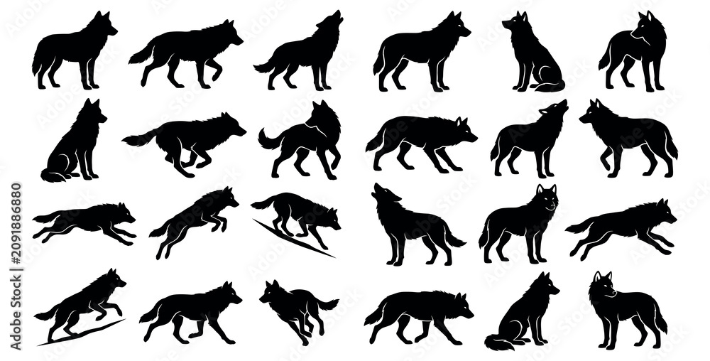 Obraz premium Collection of various wolf silhouettes in different poses and actions
