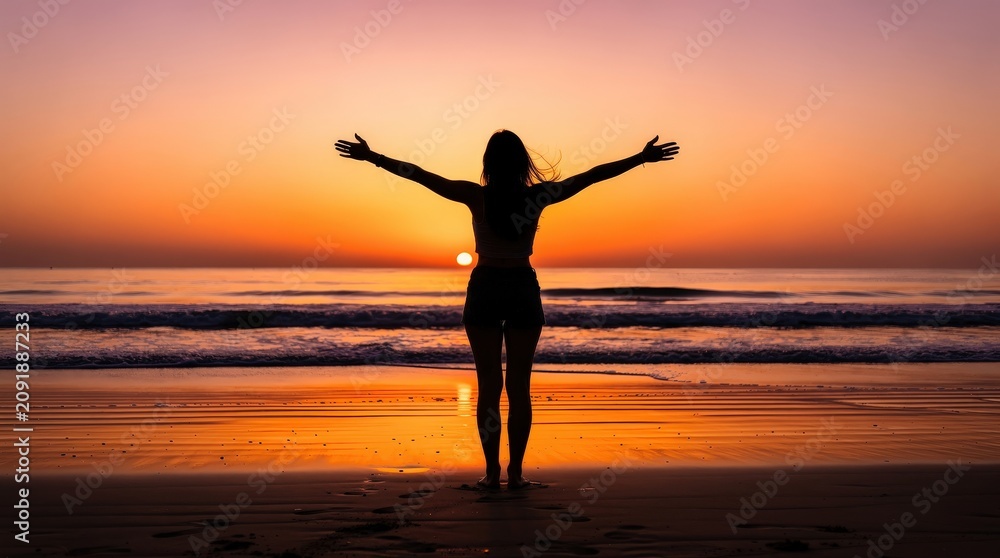 Fototapeta premium A person stands on a beach with arms outstretched, embracing a vibrant sunset over the calm ocean horizon.