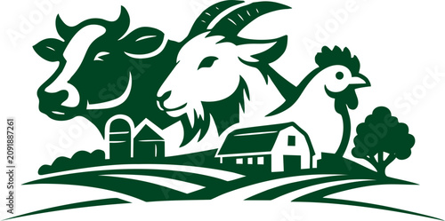 Fotografie Farm animals emblem logo vector, livestock agriculture illustration with cow goat chicken and barn isolated