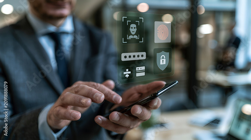 Biometric authentication interface displayed on a modern smartphone held by a professional businessman wearing a suit in a blurred corporate office setting during the day