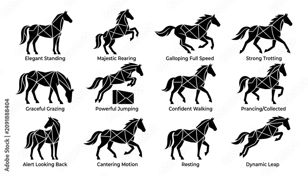 Fototapeta premium Horses Silhouette Icon Set with Dynamic Black Line Art Poses, Featuring Standing, Trotting, Jumping, and Galloping