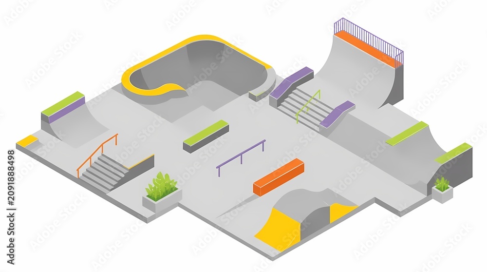 Obraz premium Skatepark illustration isometric view, a modern concrete facility with a half-pipe, bowl, ramps, stairs, rails, and ledges for extreme sports.