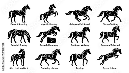 Konstfotografi Horses Silhouette Icon Set with Dynamic Black Line Art Poses, Featuring Standing