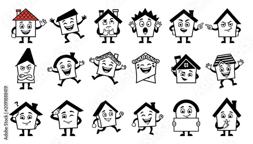 Canvas Print House Mascot Faces Set with Various Expressions, Arms Out, and Simple Black Line