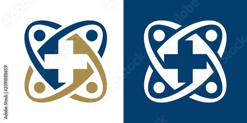 Abstract medical cross logo symbol with orbiting elements in two color variations healthcare abstract hospital business branding identity minimalist creative professional corporate research