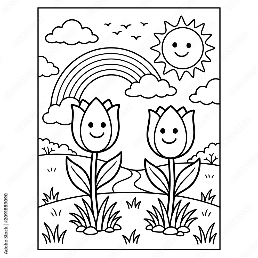 Fototapeta premium Colorful illustration, smiling tulips, rainbow, sun, kids coloring book, black and white