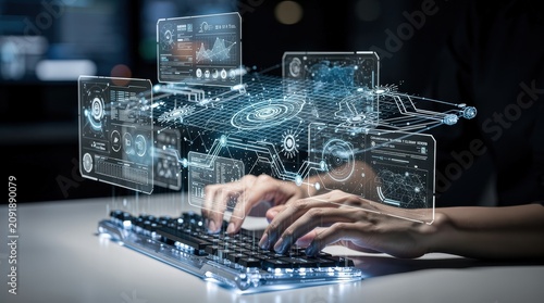 Hands typing on a futuristic keyboard with holographic digital interface displaying data, graphs, and tech visuals in a dark environment.
