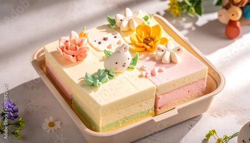 Colorful Decorated Mousse Cake Slices Arranged in Takeaway Tray on Sunlit Table