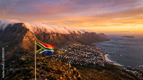 Panoramic view of Table Mountain with South African flag waving at sunset over Cape Town coastline