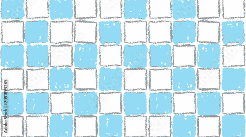 Artistic Pastel Blue and White Checkered Seamless Pattern Featuring Hand Drawn Crayon Texture and Abstract Pencil Scribble Details for Creative Backgrounds and Fabric Design