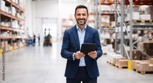 Smiling warehouse manager using digital tablet in large logistics distribution center