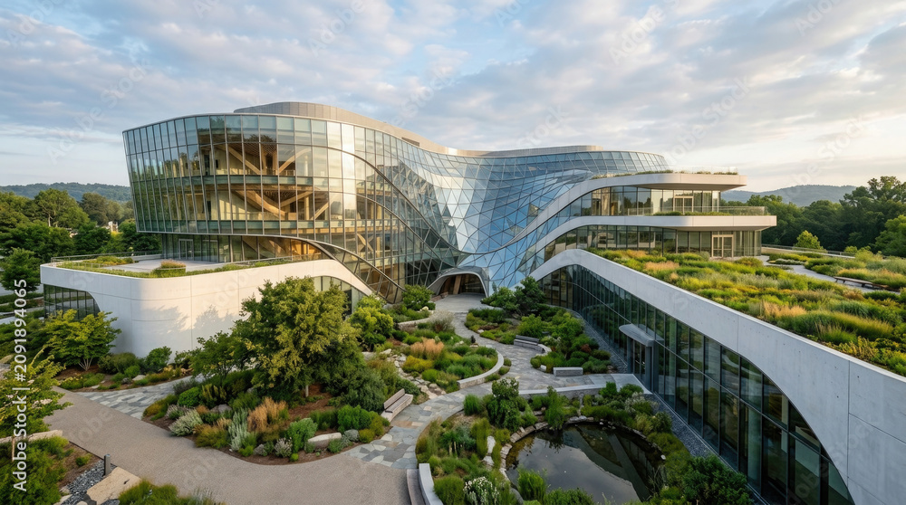 Fototapeta premium Modern glass architectural office building featuring sustainable green roof garden landscaping design with curved structures in a serene natural setting