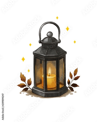 Beautiful lantern with a candle inside, surrounded by leaves and glowing stars in a cozy setting