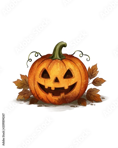 Happy jack-o'-lantern sits among brown leaves in autumn setting on a white background