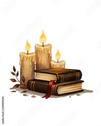 Candles and stacked books create a cozy atmosphere for reading and learning in a warm setting