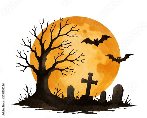 Halloween night scene with a big moon, bats, a barren tree, and grave markers in a graveyard setting