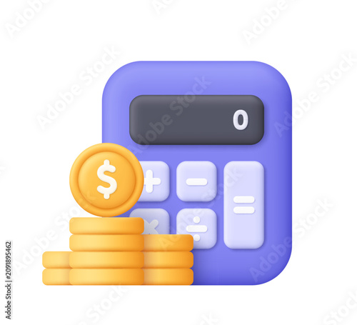 Purple calculator with stacked gold dollar coins. Financial calculation, budgeting, accounting, business planning and money management concept. 3d vector icon. Cartoon minimal style.