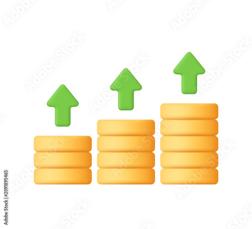 Increasing stacks of gold coins with upward arrows. Financial growth, rising profits, increasing revenue, investment success and business expansion concept. 3d vector icon. Cartoon minimal style.