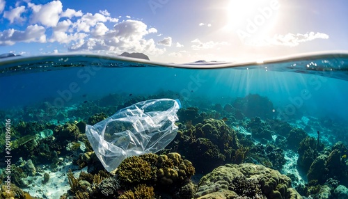 Floating Plastic Bag Polluting Tropical Coral Reef Under Bright Ocean Sunlight