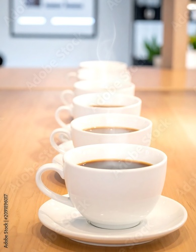 Steaming White Coffee Cups Aligned on Wooden Table in Bright Cafe Interior