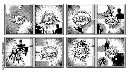 Professional halftone comic manga book template set with screentone pages for superhero story creation featuring classic collage grid layout and pop art graphic design elements.