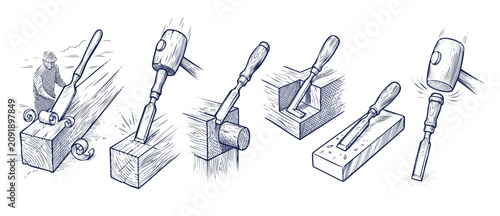 Konstfotografi Woodworking chisel tools engraving vector illustration set showing carving techn