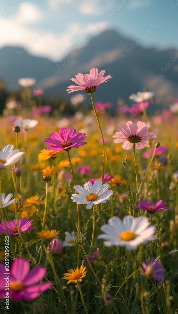 Obraz premium Colorful wildflowers blooming in a sunlit alpine meadow with majestic mountains in the background, creating a peaceful summer landscape filled with natural beauty.