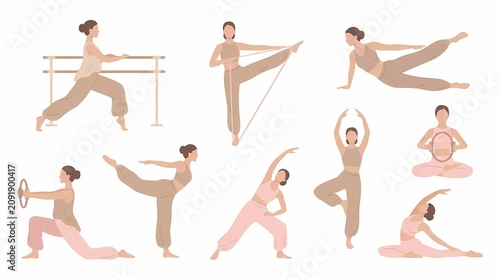 People perform various Pilates workout poses with equipment and on the barre
