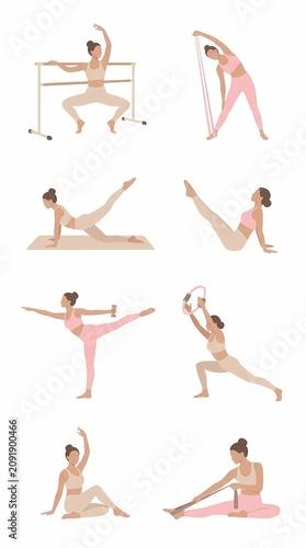 Women performing various pilates workout poses on barre and mat indoors