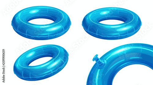 Collection of 3D Inflatable Blue Swimming Rings and Rubber Pool Toys, Floating Lifesaver Icons for Summer Vacation, Water Safety Equipment and Beach Leisure Elements Isolated on White Background