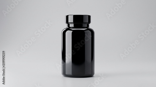 Glossy black plastic supplement bottle with screw cap isolated on white background, ideal for medicine, vitamins, and sports nutrition packaging mockup.