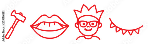 Fotografie A graphic collection of simple red line art icons including a hammer open lips a