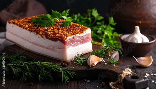 Seasoned Cured Pork Fatback Resting on Rustic Wooden Board in Dark Kitchen Setting