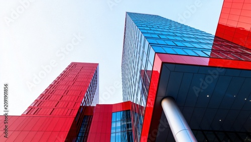 Modern skyscrapers with red and blue glass