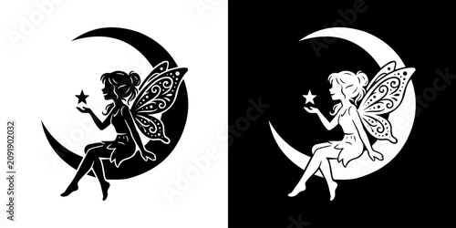 Foto Fairy Sitting on Crescent Moon Holding a Star Silhouette Design Elements