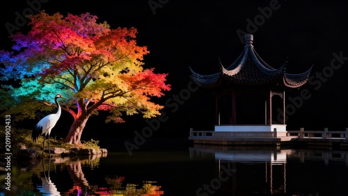 Colorful tree and pavilion by water