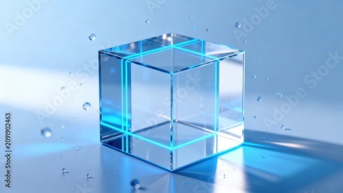 Glass cube with blue light and water droplets