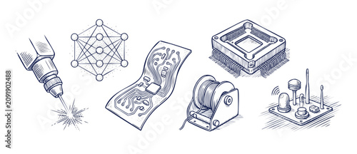 Microchip technology circuit hand drawn icons illustrating advanced hardware electronics manufacturing, engineering concepts, neural network, and laser fabrication in clean blue sketch line art.
