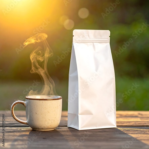 Steaming Ceramic Coffee Cup Beside White Packaging Bag on Wooden Table Outdoors